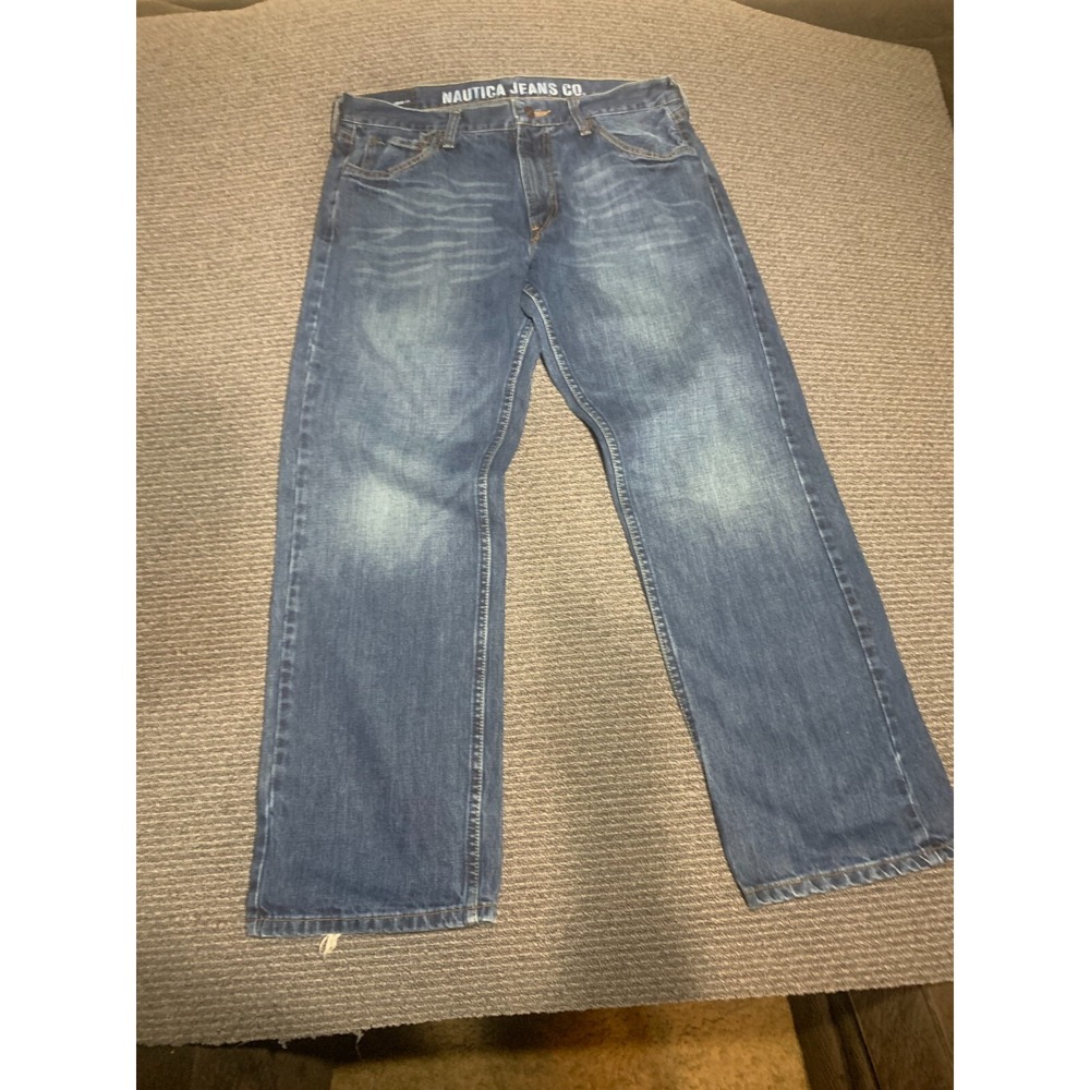 Nautica Jeans Co Mens 34x30 Vintage Loose Fit Straight Leg Distressed Blue Denim